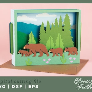 Beren in het bos | 3D Vaderdag pop-upkaart SVG | 3D Papercut SVG Card Cut-bestand | Cricut silhouet DIY