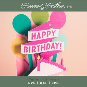May include: A pink and green birthday card featuring a cake and balloons. The card reads "Happy Birthday!"