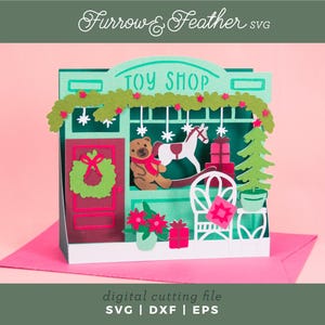 Magasin de jouets de Noël - Carte de Noël SVG | Carte pop-up svg | 3D Papercut SVG carte coupe fichier | Cricut Silhouette DIY