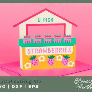 Strawberry Stand Box Card Template | 3D Papercut SVG Card Cut File | Cricut Silhouette DIY