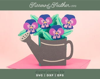 Pansies Watering Can Pop Up Card SVG: 3D Papercut Template (Digital Download)