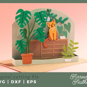 Cozy Living Room Cat Box Card Template | 3D Papercut SVG Card Cut File | Cricut Silhouette DIY