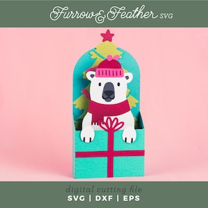 Carte de Noël svg - coffret cadeau ours polaire | Carte pop-up SVG | 3D Papercut SVG carte coupe fichier | Cricut Silhouette DIY