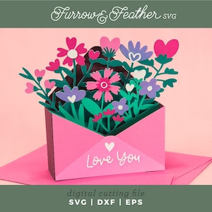 Tarjeta de sobre con flores silvestres "Te amo" / Tarjeta desplegable 3D para cualquier ocasión SVG / Archivo de corte de tarjeta SVG con corte de papel 3D / Cricut Silhouette DIY