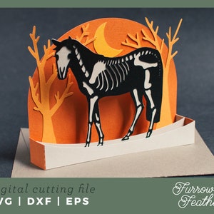 Modèle de carte de boîte de cheval squelette d'Halloween | Fichier de coupe de carte SVG Papercut 3D | Cricut Silhouette DIY
