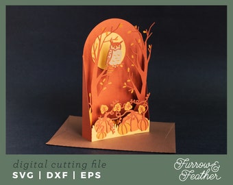 Halloween Owl Box Card Template | 3D Papercut SVG Card Cut File | Cricut Silhouette DIY