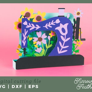 Naaimachine met wilde bloemen | 3D-pop-upkaart SVG | 3D Papercut SVG Card Cut-bestand | Cricut silhouet DIY