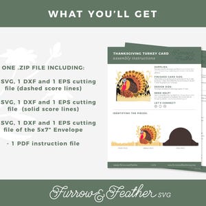 May include: Digital Thanksgiving turkey card assembly instructions. The image shows a turkey illustration with a red head, yellow and orange feathers, and a blue wattle. The text includes "What You'll Get" and "Thanksgiving Turkey Card assembly instructions."