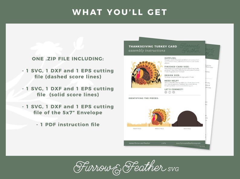 May include: Digital Thanksgiving turkey card assembly instructions. The image shows a turkey illustration with a red head, yellow and orange feathers, and a blue wattle. The text includes "What You'll Get" and "Thanksgiving Turkey Card assembly instructions."