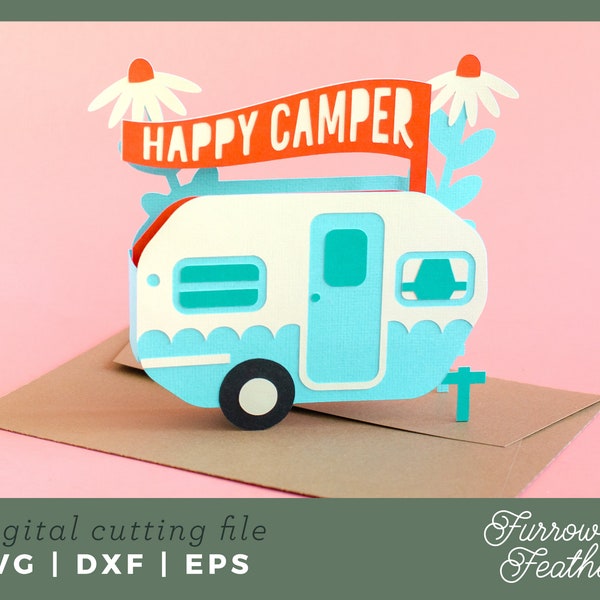 Cute Camper Pop Up Box Card Template | 3D Papercut SVG Card Cut File | Cricut Silhouette DIY