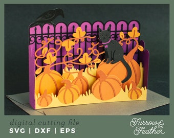 Modelo SVG de cartão de abóbora de Halloween: gato e corvo recortados em papel 3D (download digital)