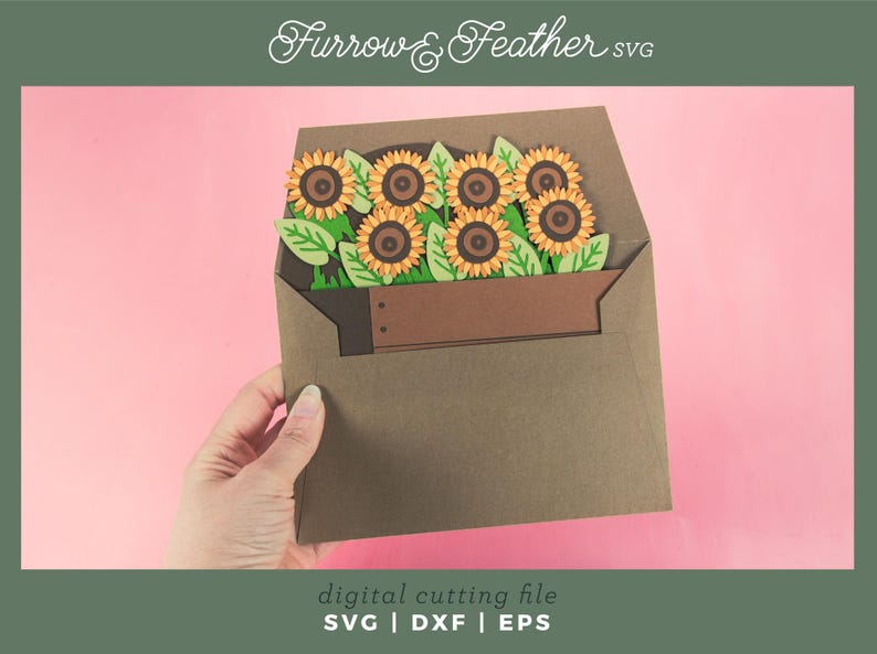 May include: A brown paper envelope contains a bouquet of sunflowers with green leaves. The sunflowers have yellow petals and brown centres. The text "Furrow & Feather SVG" is at the top. The bottom text reads "digital cutting file SVG | DXF | EPS".