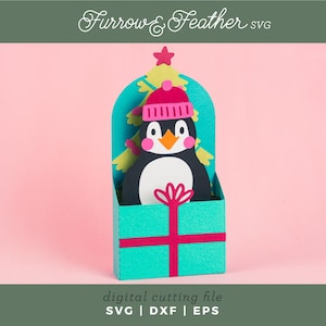 Weihnachtskarte svg - Gift Box Pinguin | Pop Up Karte SVG | 3D Papierschnitt SVG Karte Schnitt Datei | Cricut Silhouette DIY