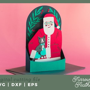 Modelo de cartão de Natal Papai Noel com caixa de gato | Arquivo de corte de cartão SVG 3D Papercut | Cricut Silhouette DIY