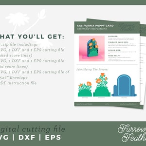 May include: A digital cutting file for a California Poppy Card. The file includes SVG, DXF, and EPS formats. The image shows a sample of the card with a pink background and a blue archway with orange poppy flowers. The text "Furrow & Feather" is also visible.