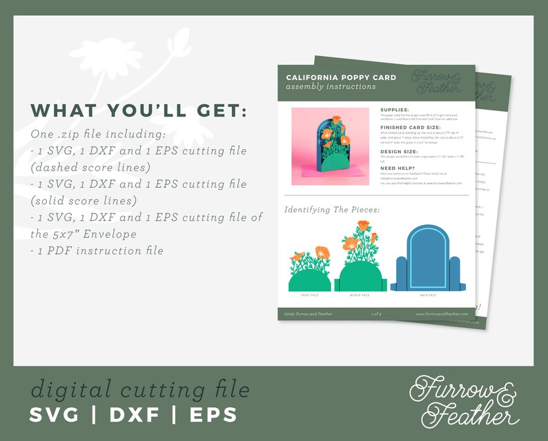 May include: A digital cutting file for a California Poppy Card. The file includes SVG, DXF, and EPS formats. The image shows a sample of the card with a pink background and a blue archway with orange poppy flowers. The text "Furrow & Feather" is also visible.