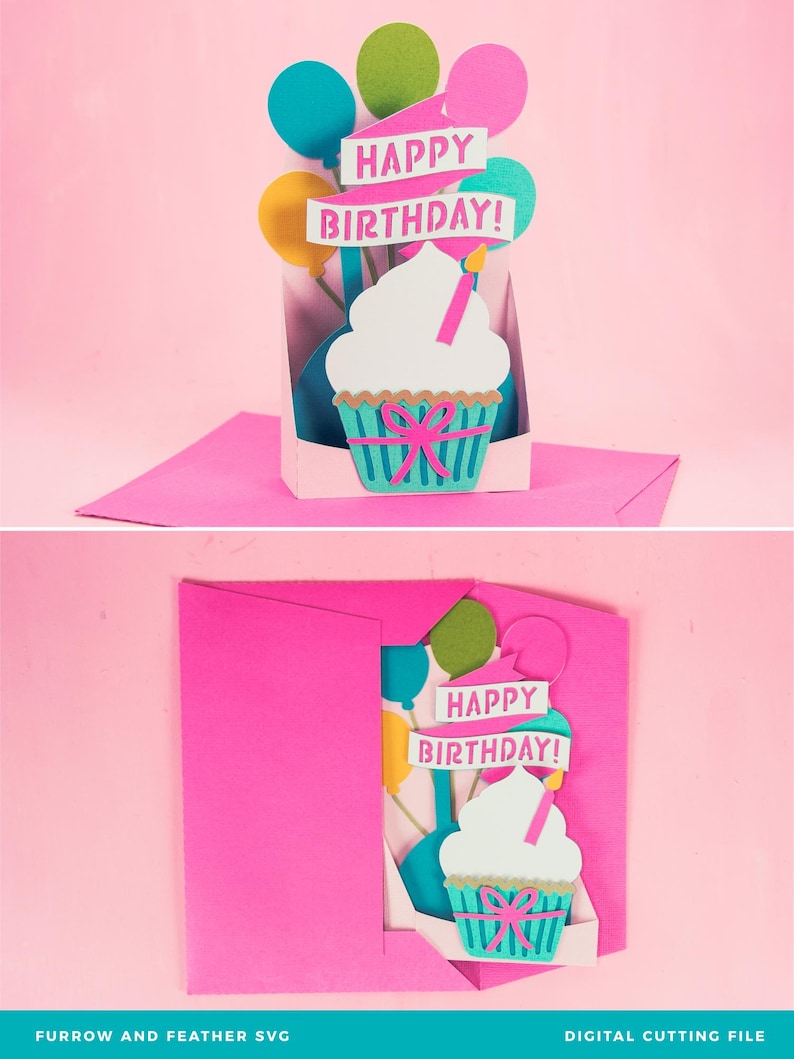 May include: A pink card with a pop-up cupcake and balloons. The card reads "Happy Birthday!" in pink letters.
