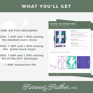 May include: A digital download for a 3D Easter card with a cross and greenery design. The download includes SVG, DXF, and EPS cutting files for dashed and solid score lines, as well as a PDF instruction file.
