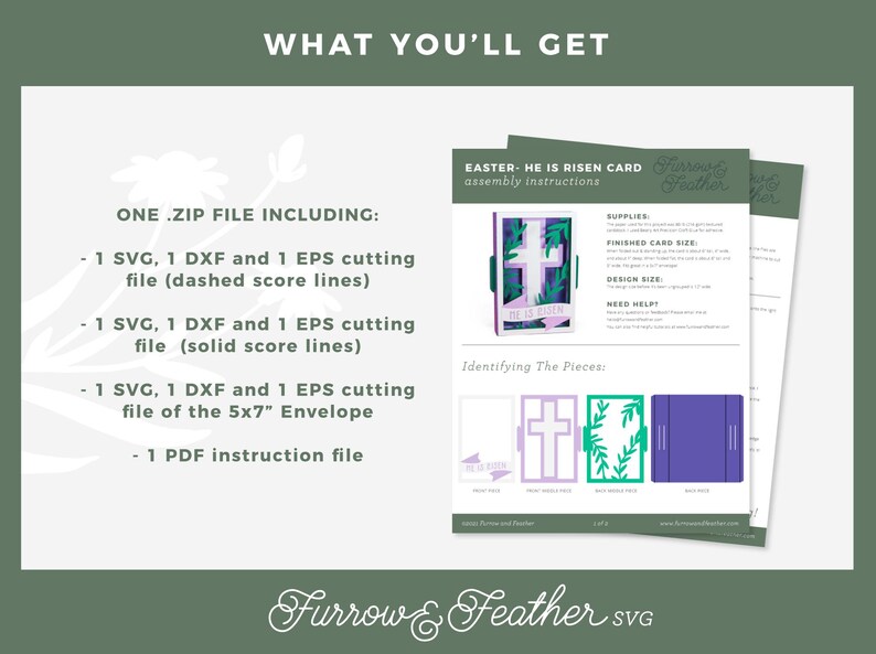 May include: A digital download for a 3D Easter card with a cross and greenery design. The download includes SVG, DXF, and EPS cutting files for dashed and solid score lines, as well as a PDF instruction file.