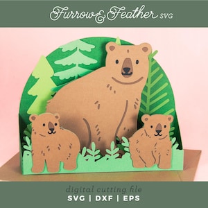 Tarjeta de oso y cachorros / Tarjeta de crianza 3D SVG / Archivo de corte de tarjeta SVG de corte de papel 3D / Cricut Silhouette DIY