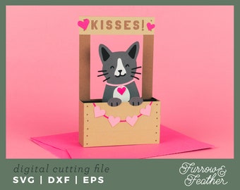 Cat Kissing Booth Box Card Template: 3D Papercut SVG File (Digital Download)