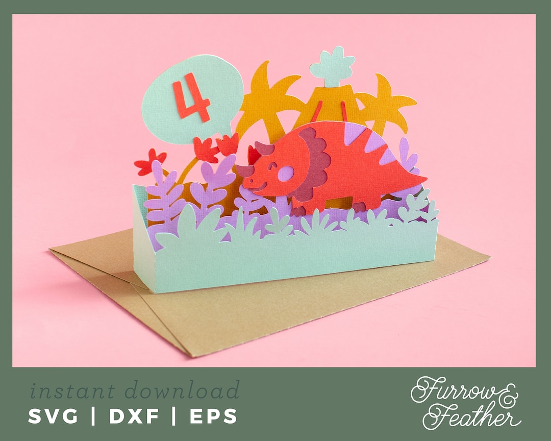 Dinosaur Pop up Box Birthday Card Template | 3D Papercut SVG Card Cut ...