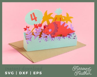 Dinosaur Pop Up Box Birthday Card Template | 3D Papercut SVG Card Cut File | Cricut Silhouette DIY