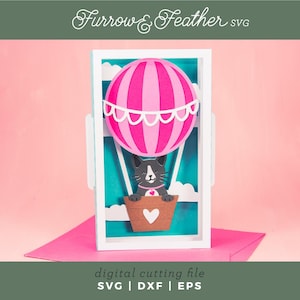 Montgolfière chat | Toute carte d'occasion SVG | 3D Papercut SVG carte coupe fichier | Cricut Silhouette DIY