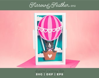 Cat Hot Air Balloon Card SVG: 3D Papercut File (Digital Download)