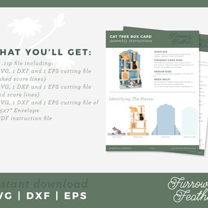 May include: A digital download for a cat tree box card assembly instruction. The image shows a cat tree with three levels and a cat on each level. The image also shows a PDF document with the text "Cat Tree Box Card Assembly Instructions" and "Identifying the Pieces".