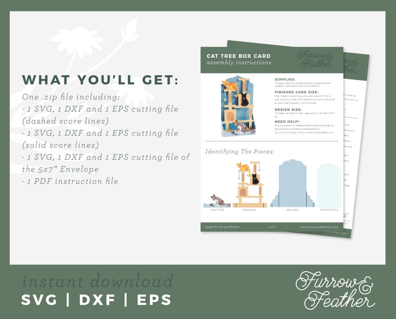 May include: A digital download for a cat tree box card assembly instruction. The image shows a cat tree with three levels and a cat on each level. The image also shows a PDF document with the text "Cat Tree Box Card Assembly Instructions" and "Identifying the Pieces".