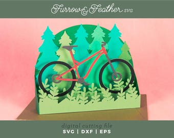 3D Mountain Bike Father's Day Card SVG: Papercut Forest Scene (Digital Download)