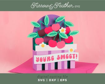 3DチェリーバスケットポップアップカードSVG：DIYペーパーカットテンプレート（デジタルダウンロード）