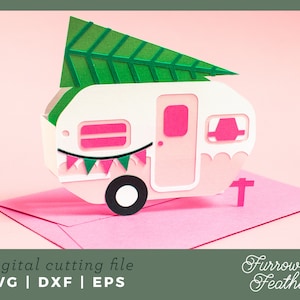 Modèle de carte de boîte de camping-car sapin de Noël | Fichier de coupe de carte SVG Papercut 3D | Cricut Silhouette DIY