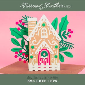 Cartão de Natal Gingerbread Cottage | Cartão Pop Up SVG | Arquivo de Corte de Cartão SVG 3D Papercut | Cricut Silhouette DIY