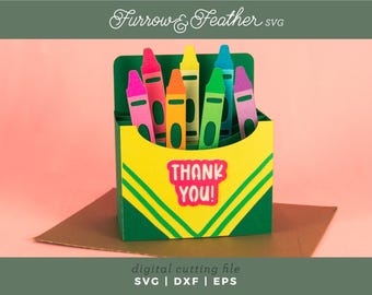 Crayon Box Card | Teacher Gift, Teacher Appreciation SVG | 3D Pop Up Card SVG Cut File | Cricut Silhouette DIY