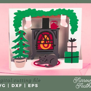 Poêle à bois de Noël avec chat | Carte pop-up SVG | 3D Papercut SVG carte coupe fichier | Cricut Silhouette DIY