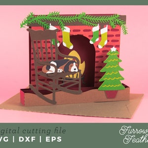 Christmas Fireplace Puppy Box Card Template | 3D Papercut SVG Card Cut File | Cricut Silhouette DIY