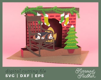 Christmas Puppy Fireplace Box Card Template: 3D Papercut SVG (Digital Download)