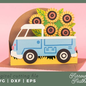 Truck with Sunflowers | Pop Up Card SVG | 3D Papercut SVG Card Cut File | Cricut Silhouette DIY