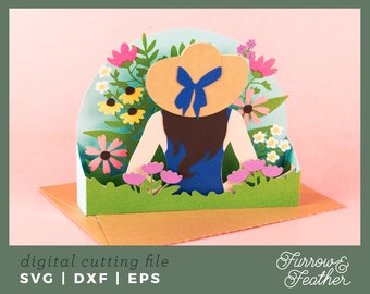 Wildflower Sunhat Pop Up Card SVG: 3D Papercut Template (Digital Download)