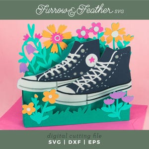 High Top Sneakers with Flowers Card Template | 3D Girl Birthday Card SVG | Birthday Card SVG | Cricut Silhouette DIY