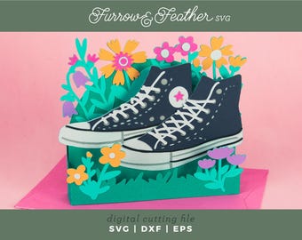 3D High Top Sneaker Card SVG: Flower Birthday Card Template (Digital Download