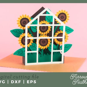 Serre de tournesol pop-up carte SVG | Carte pop-up 3D SVG | Fichier 3D découpé sur carte | Cricut Silhouette DIY