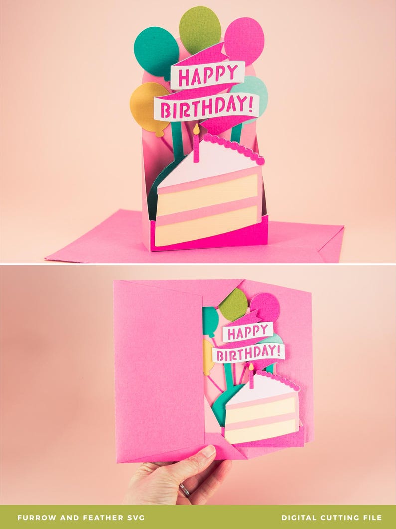 May include: A pink pop-up card with a cake and balloons. The card reads "Happy Birthday!"