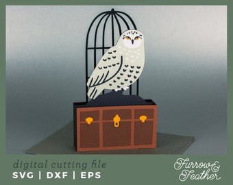 Snowy Owl & Magical School Trunk Card Template | 3D Papercut SVG Card Cut File | Cricut Silhouette DIY