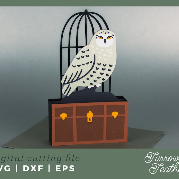 Snowy Owl & Magical School Trunk Card Template | 3D Papercut SVG Card Cut File | Cricut Silhouette DIY