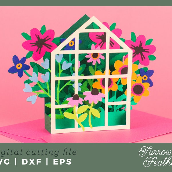 Serre printanière de fleurs sauvages | Carte pop-up SVG | 3D Papercut SVG carte coupe fichier | Cricut Silhouette DIY