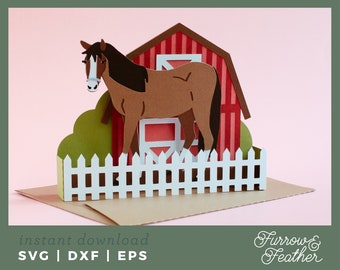 Horse Barn Pop Up Box Card Template | 3D Papercut SVG Card Cut File | Cricut Silhouette DIY
