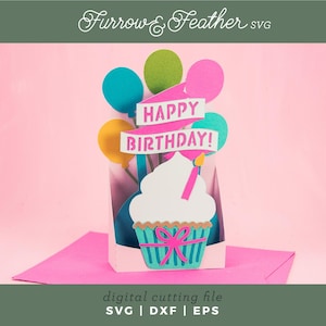 Alles Gute zum Geburtstag Cupcake Karte | Pop Up Karte SVG | 3D Papierschnitt SVG Karte Schnitt Datei | Cricut Silhouette DIY